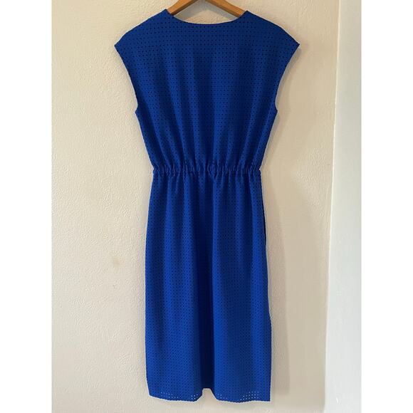 Women's J. Crew Perforated Colbot Blue Midi Dress Pockets Elastic Waist Size 0 - Picture 2 of 6